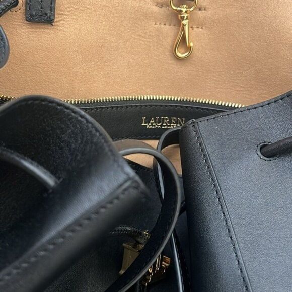 Lauren Ralph Lauren Andie Large Leather Drawstring Tote in Black, New - Picture 14 of 16